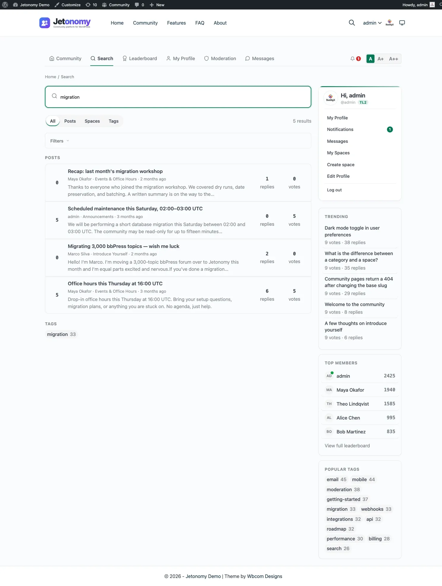 Search page with the Filters disclosure expanded, showing the Date from, Date to, Author, Tag, and Sort order controls