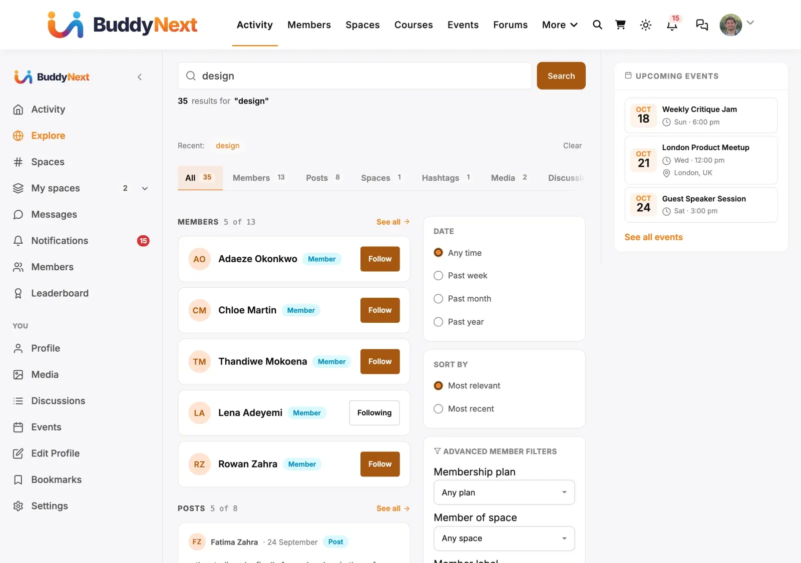 Search results for one query, grouped into members, posts, spaces, hashtags and media with a count on each tab, plus date and sort filters