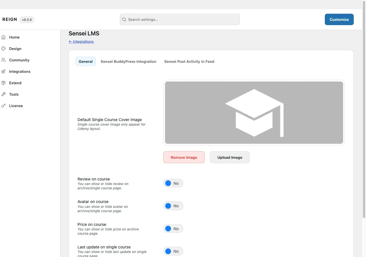 The Sensei LMS tab in Reign Settings