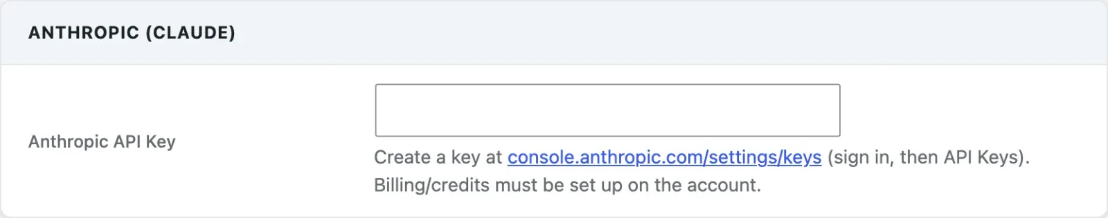 Claude (Anthropic) section with the API key field