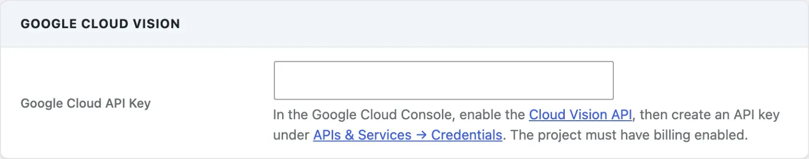Google Cloud Vision section with the API key field