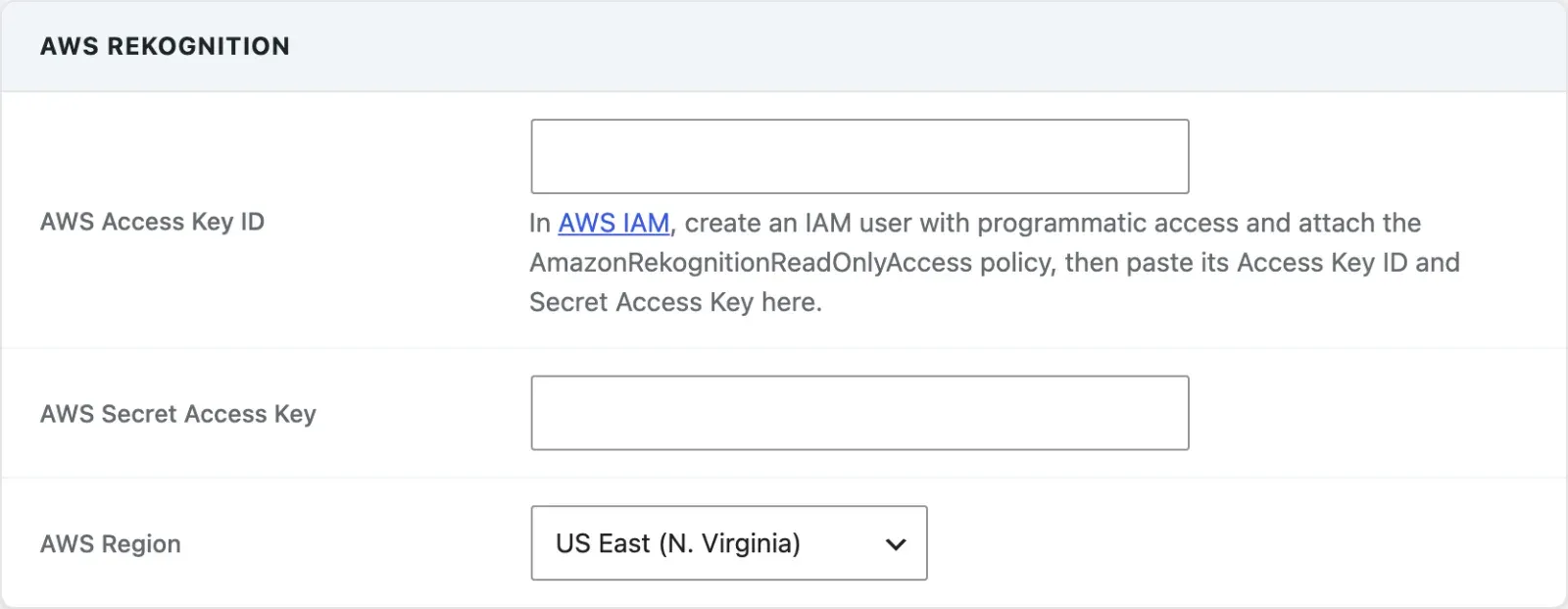 AWS Rekognition section with access key, secret key and region