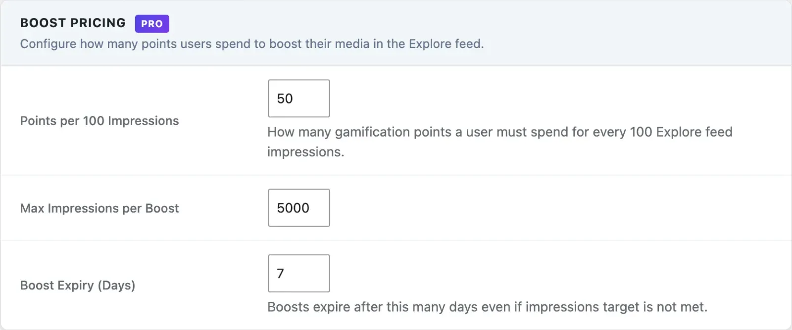 Boost Pricing section with points per 100 impressions, maximum impressions and expiry
