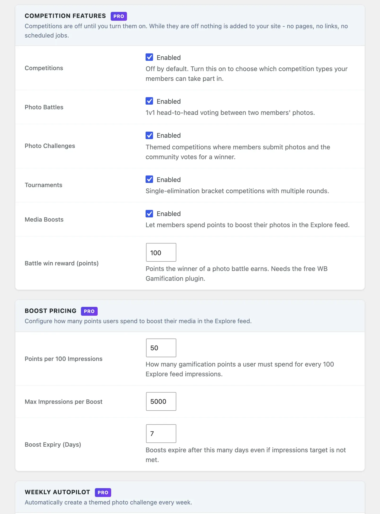 Competitions settings tab with a toggle for each competition type, boost pricing, autopilot and streaks