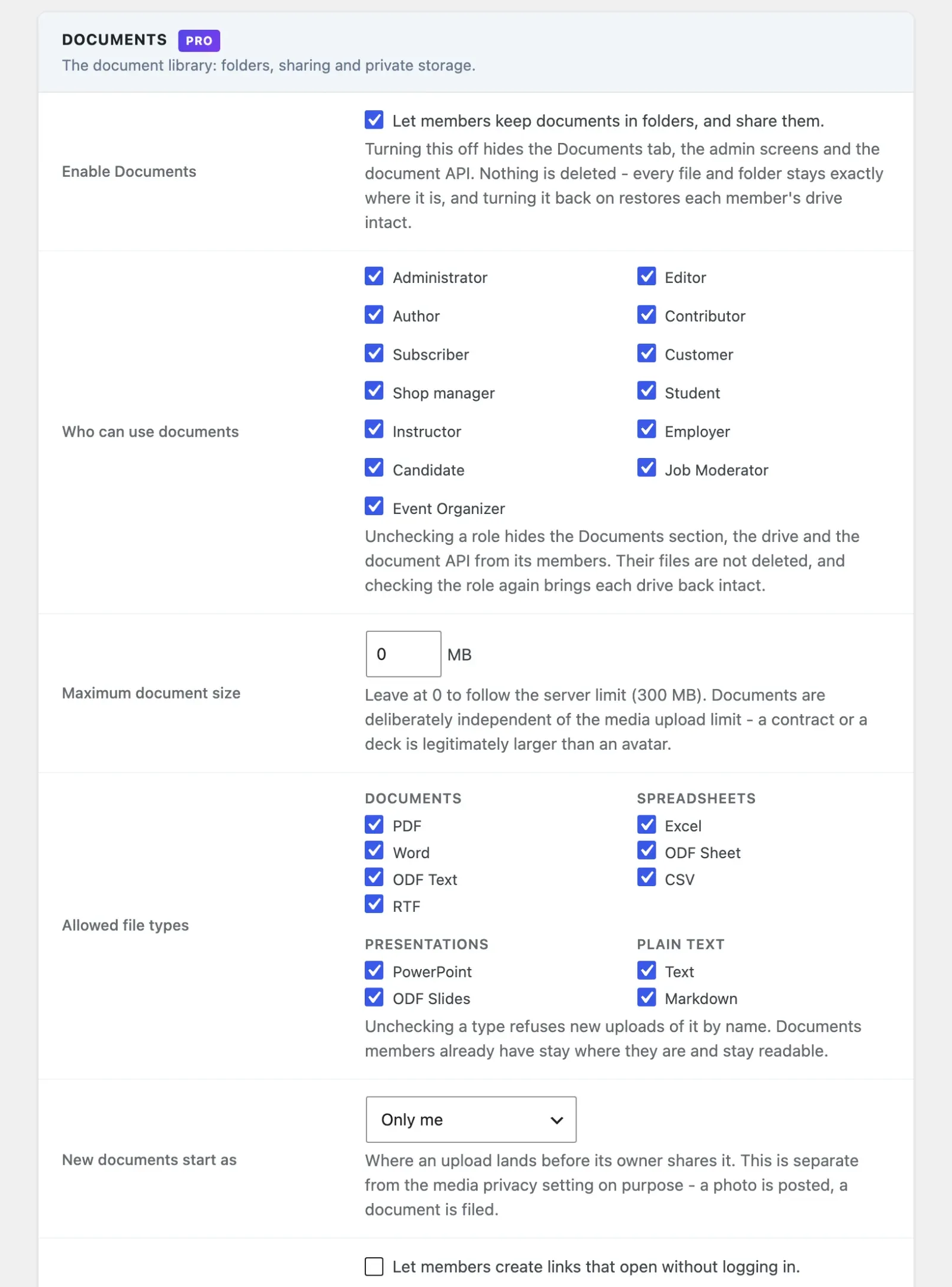 Documents settings tab with who can use documents, size limit, allowed file types and sharing