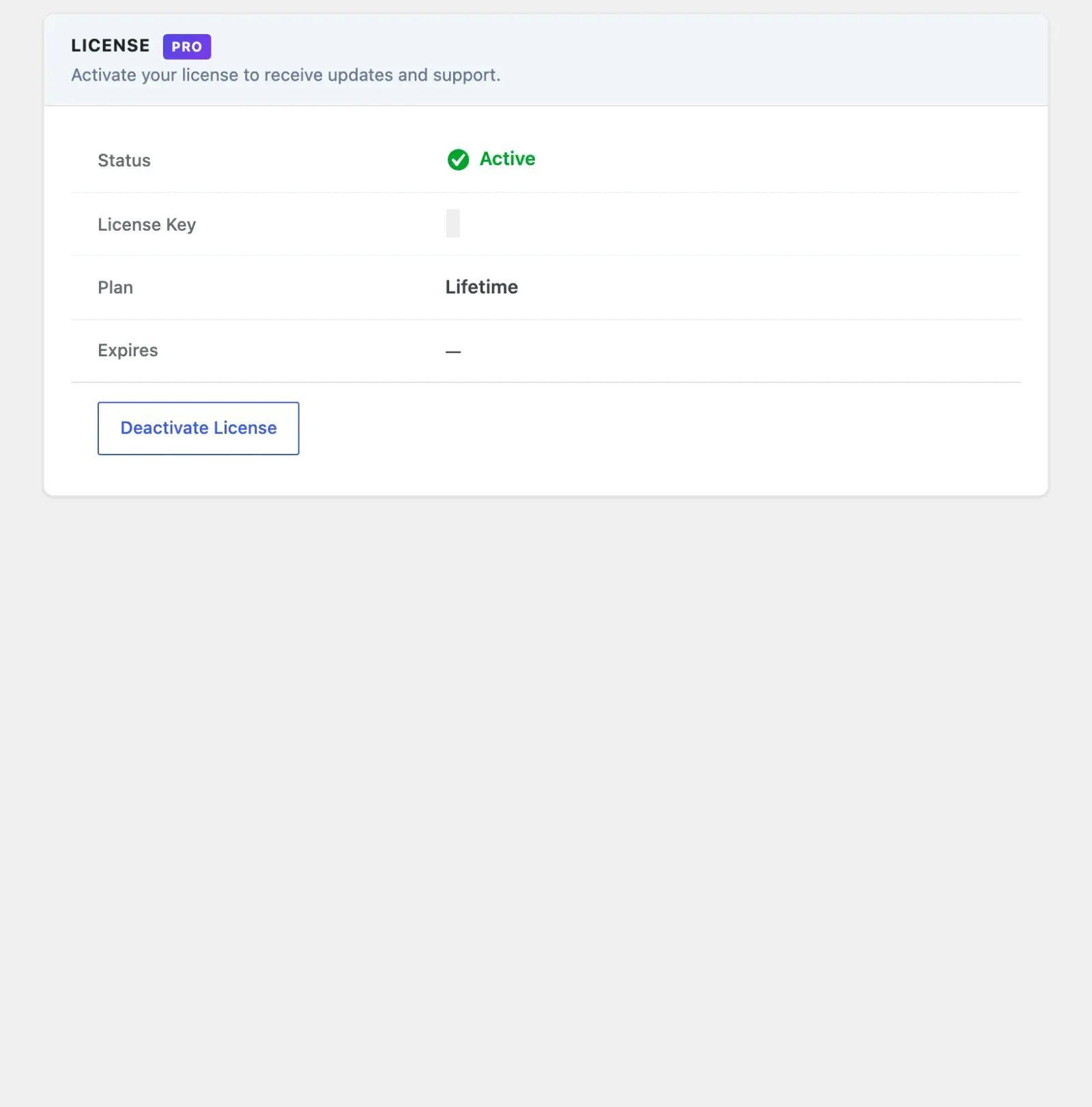 License tab showing an active license