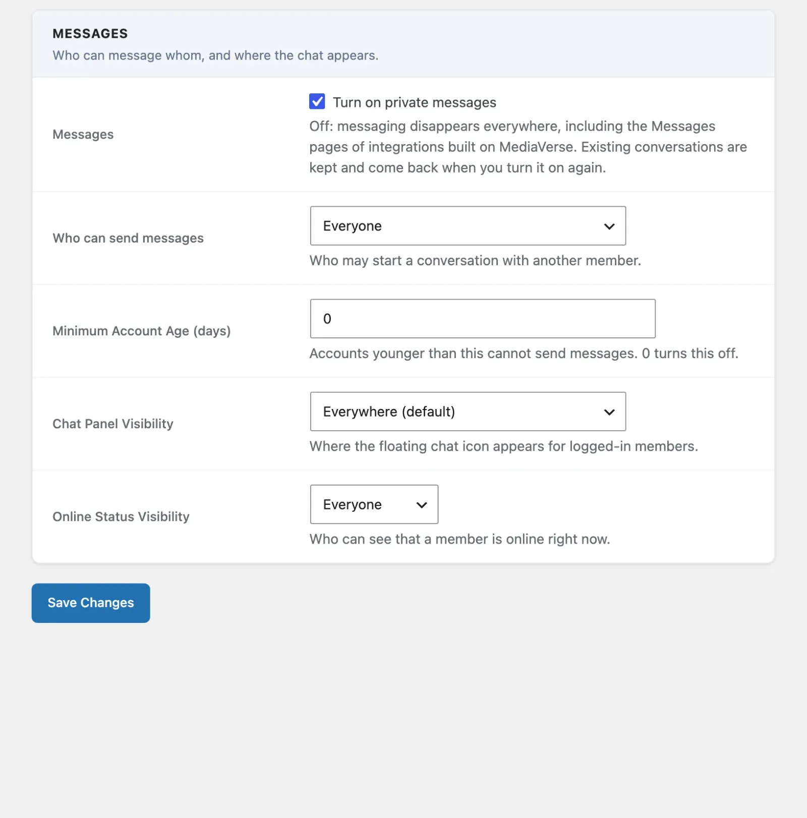 Messages settings tab