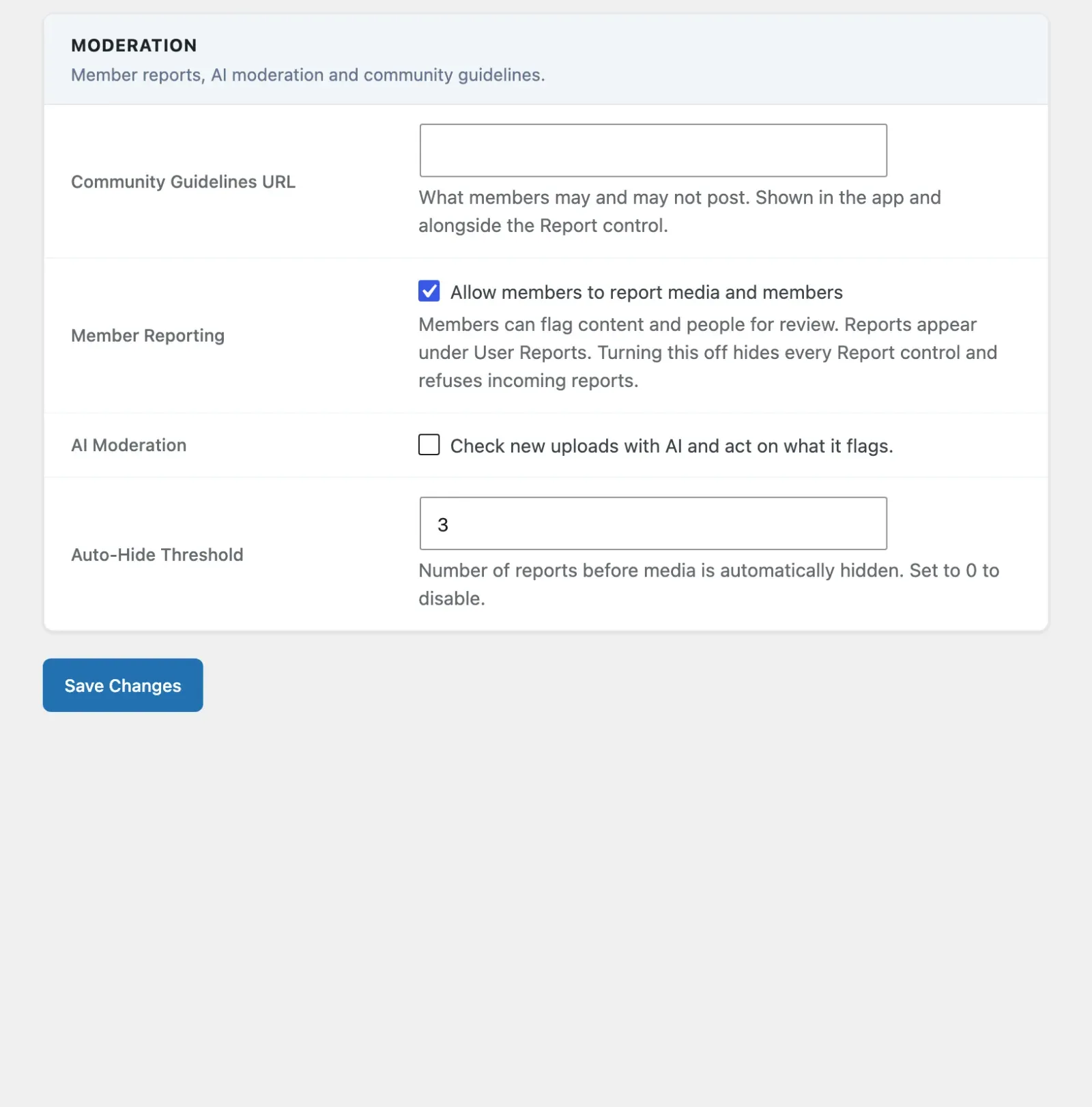 Moderation settings tab with community guidelines URL, member reporting, AI moderation and the auto-hide threshold