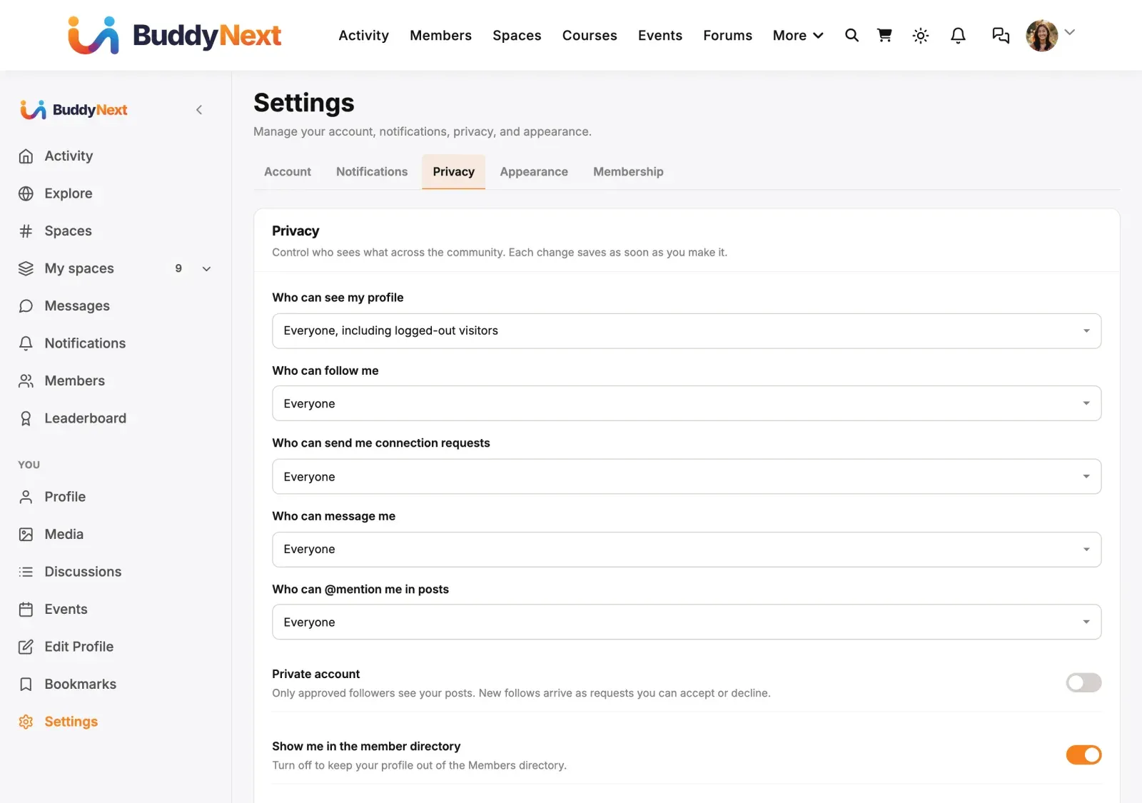 Privacy settings: who can see your profile, follow you, send requests, message you and mention you