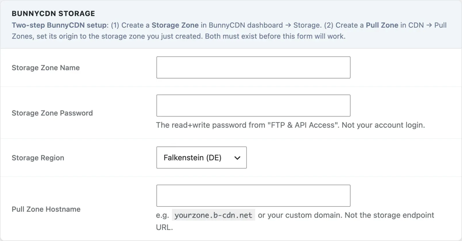 BunnyCDN fields on the Storage tab