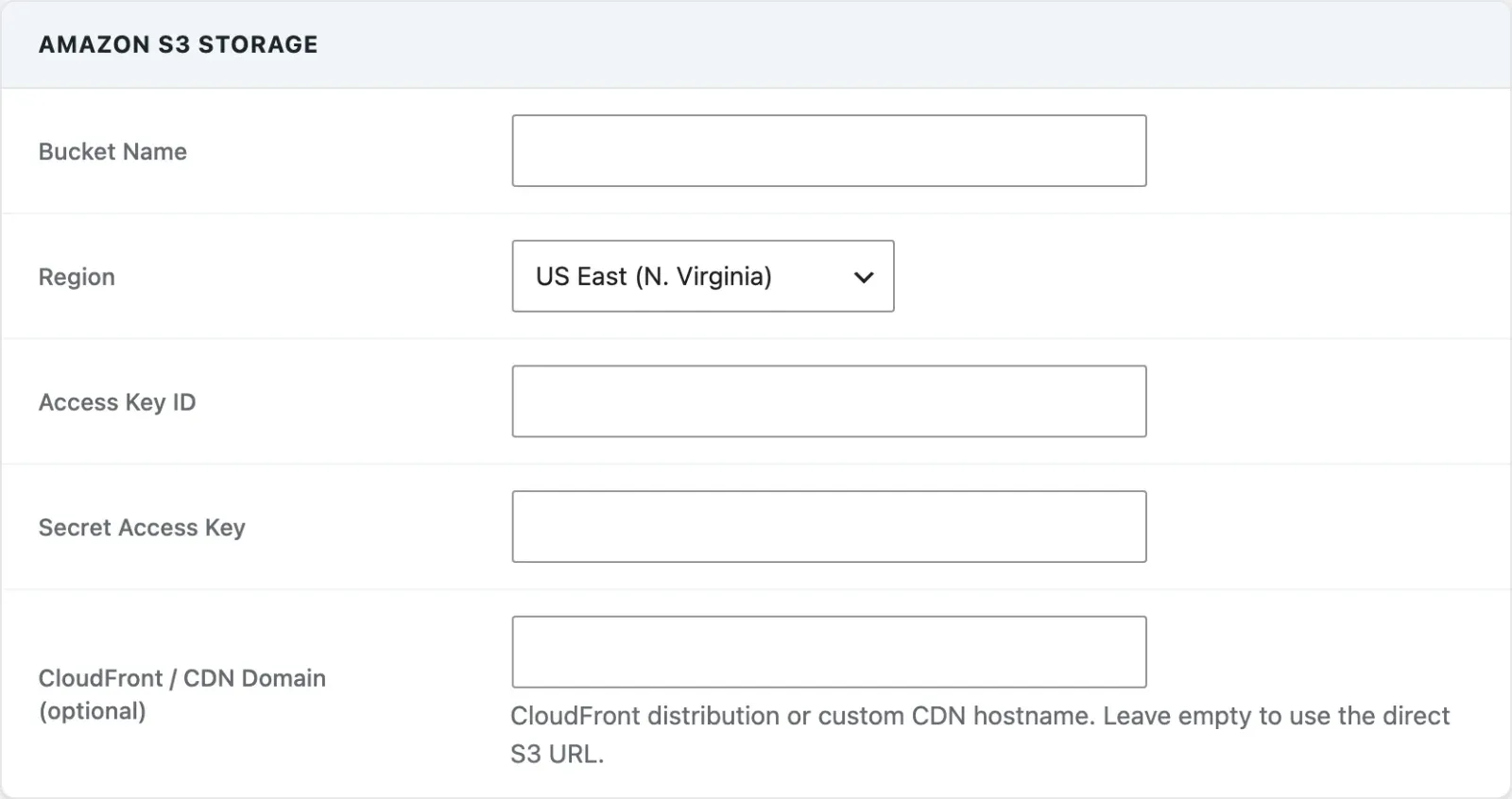 Amazon S3 fields on the Storage tab