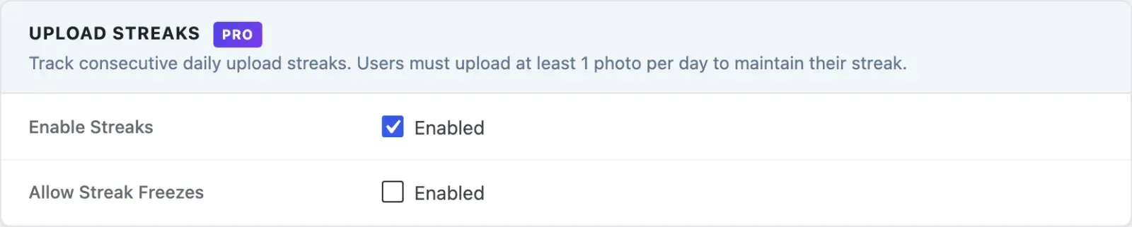 Upload Streaks section with the streak and freeze-token toggles