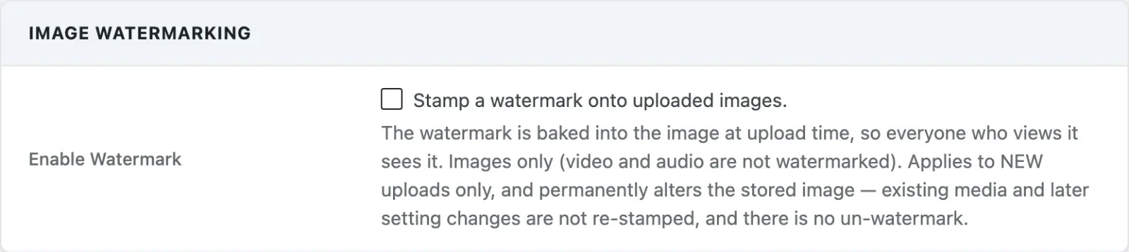 Image Watermarking setting on the Storage tab