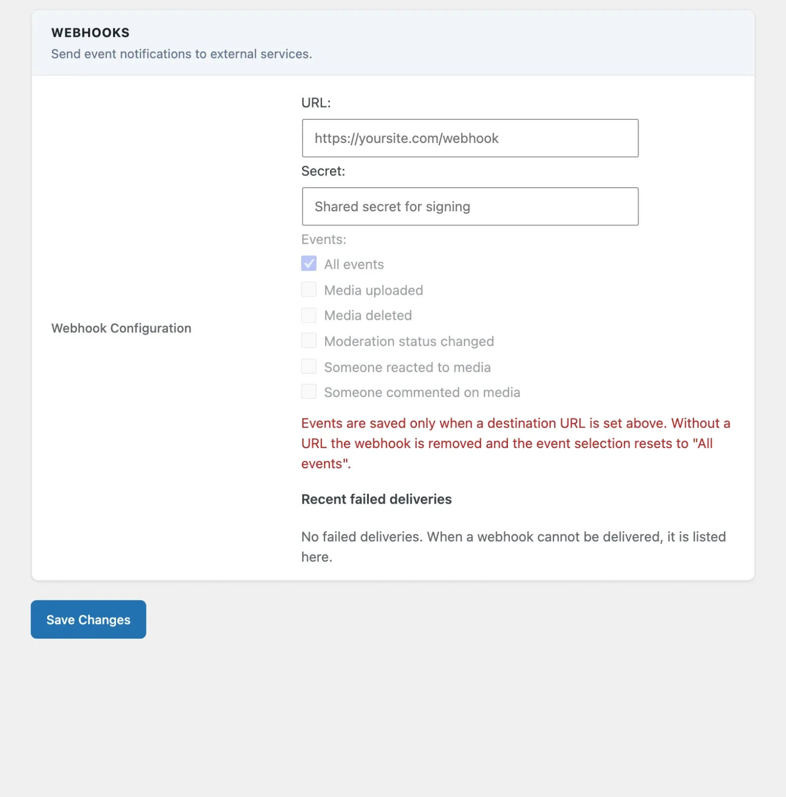 Webhooks settings tab with the destination URL, signing secret and events