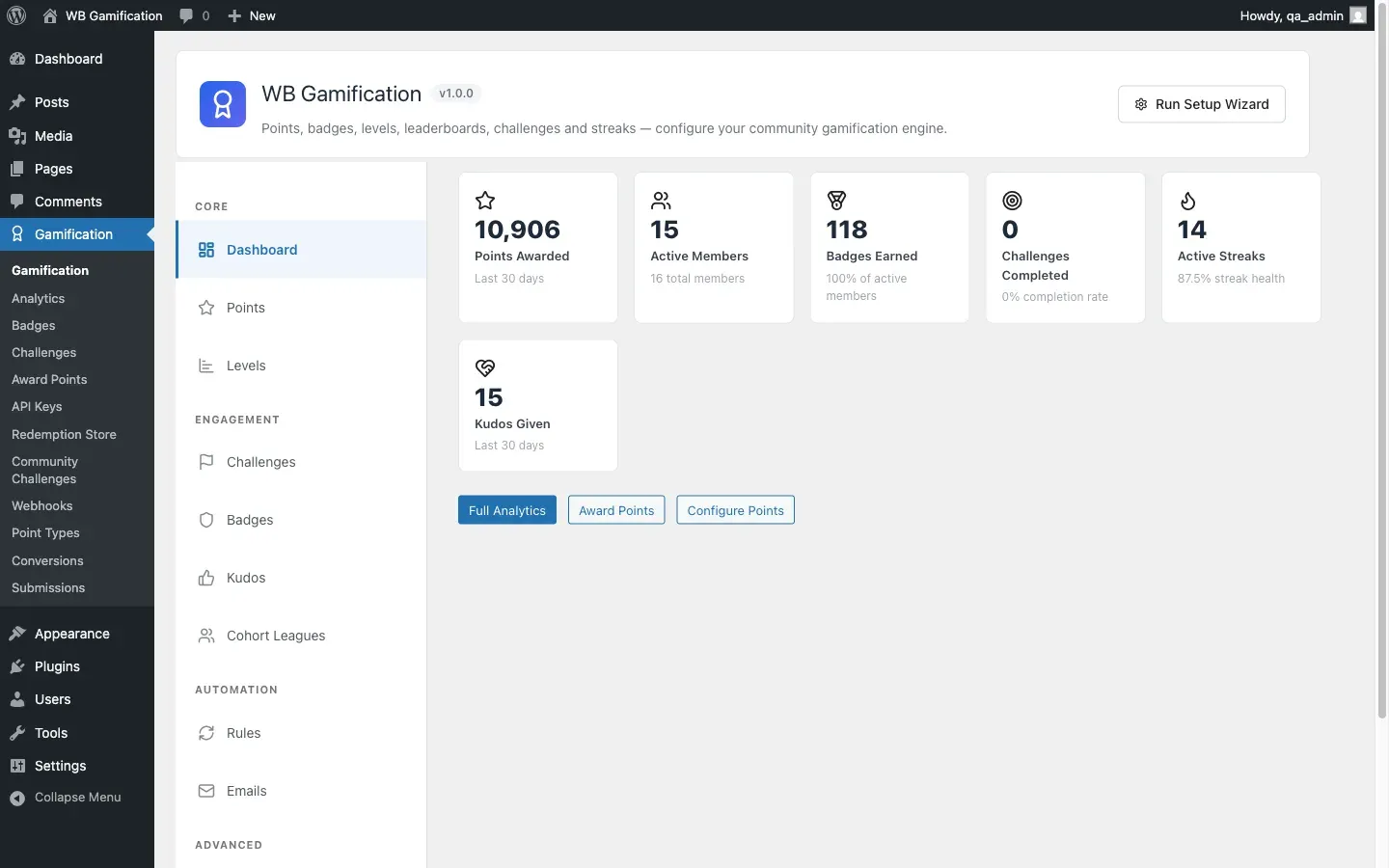 The WB Gamification dashboard in wp-admin