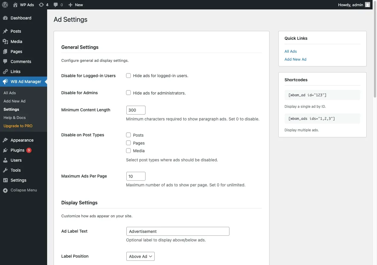 The WB Ad Manager settings page