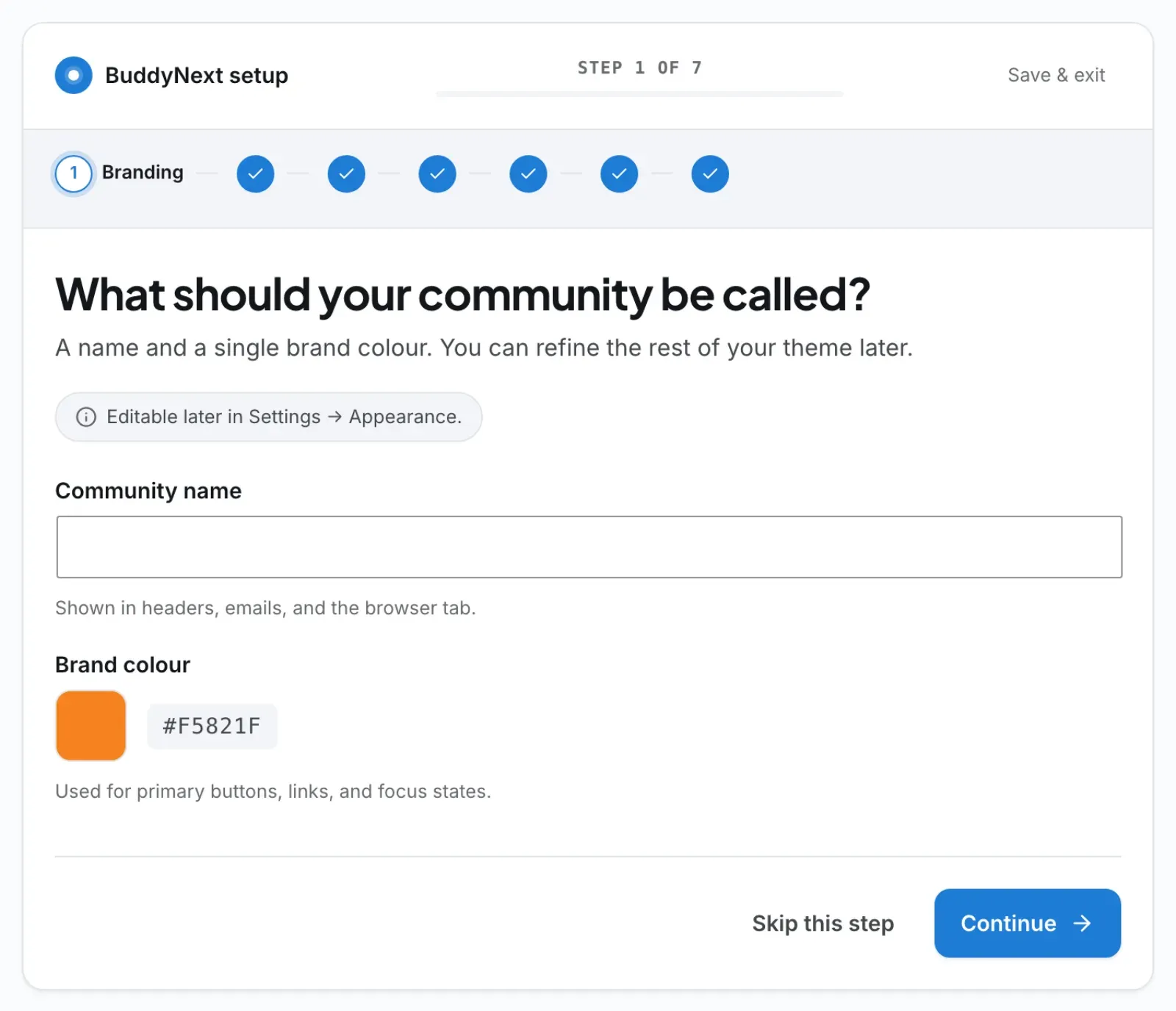 Step 1 of the Setup Wizard: community name and brand colour, with the seven-step progress bar