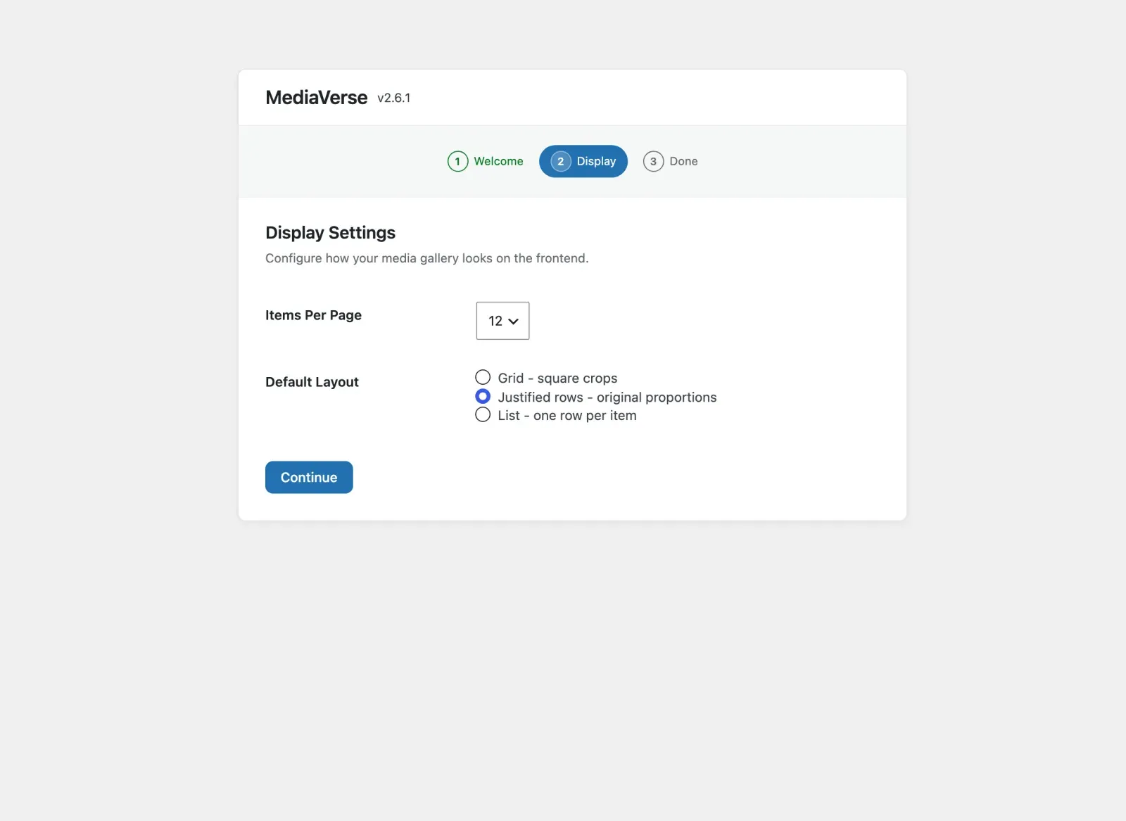 Setup wizard Display step with items per page and the default layout