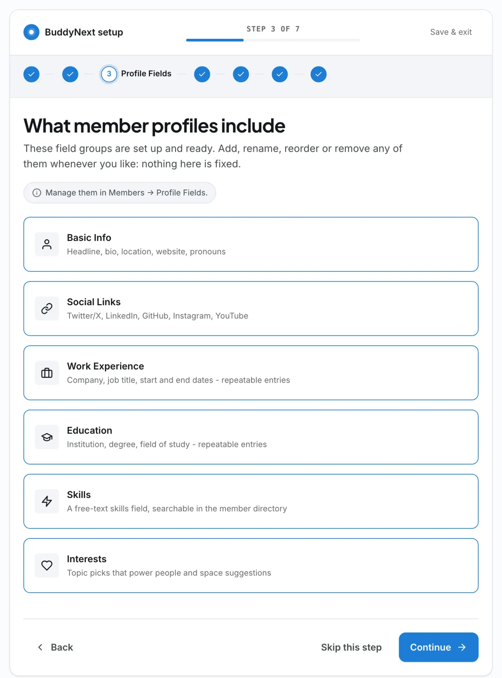 Step 3 of the Setup Wizard: the profile field groups your community starts with