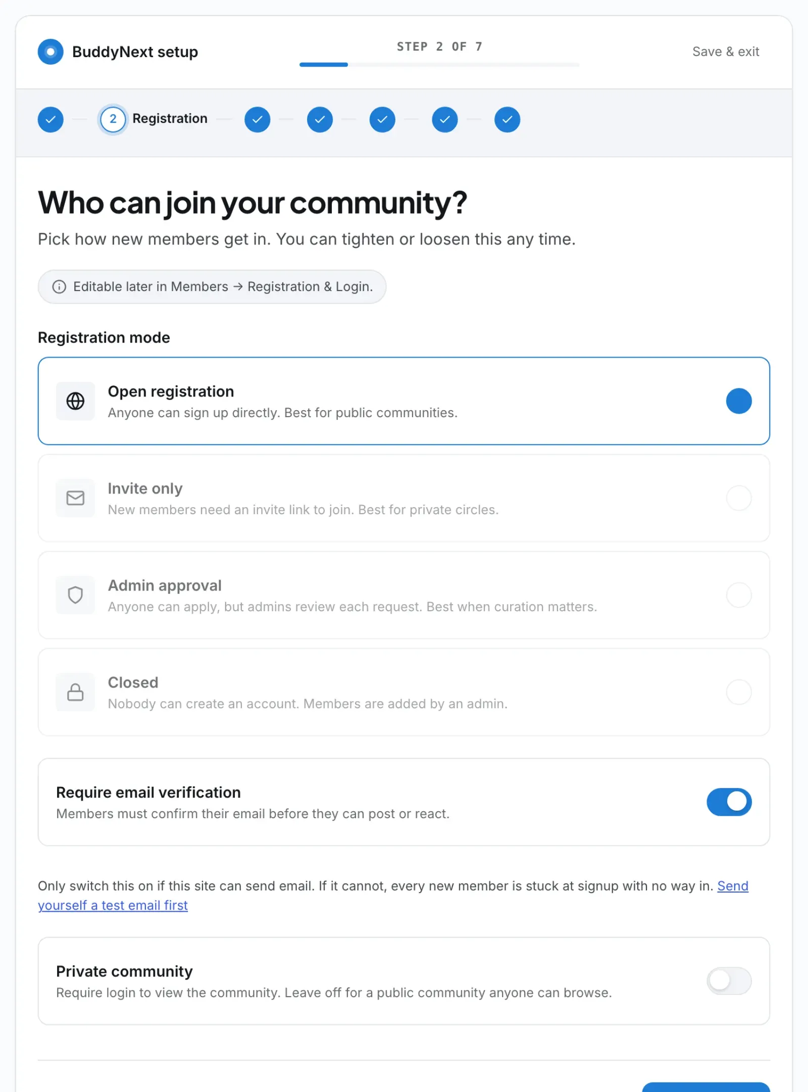Step 2 of the Setup Wizard: registration mode, email verification and private community