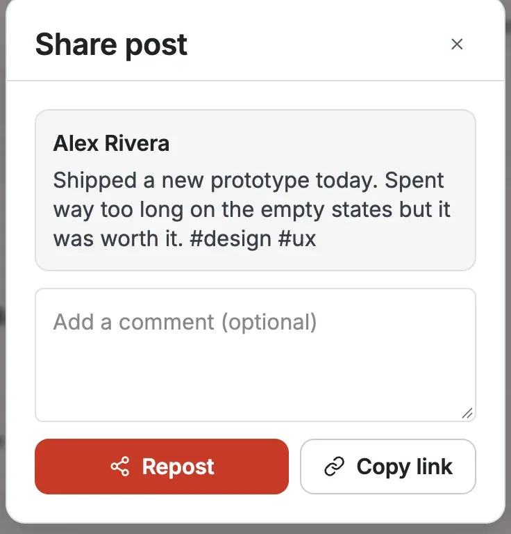 The Share dialog - a preview of the post being reposted with an optional comment, plus Repost and Copy link