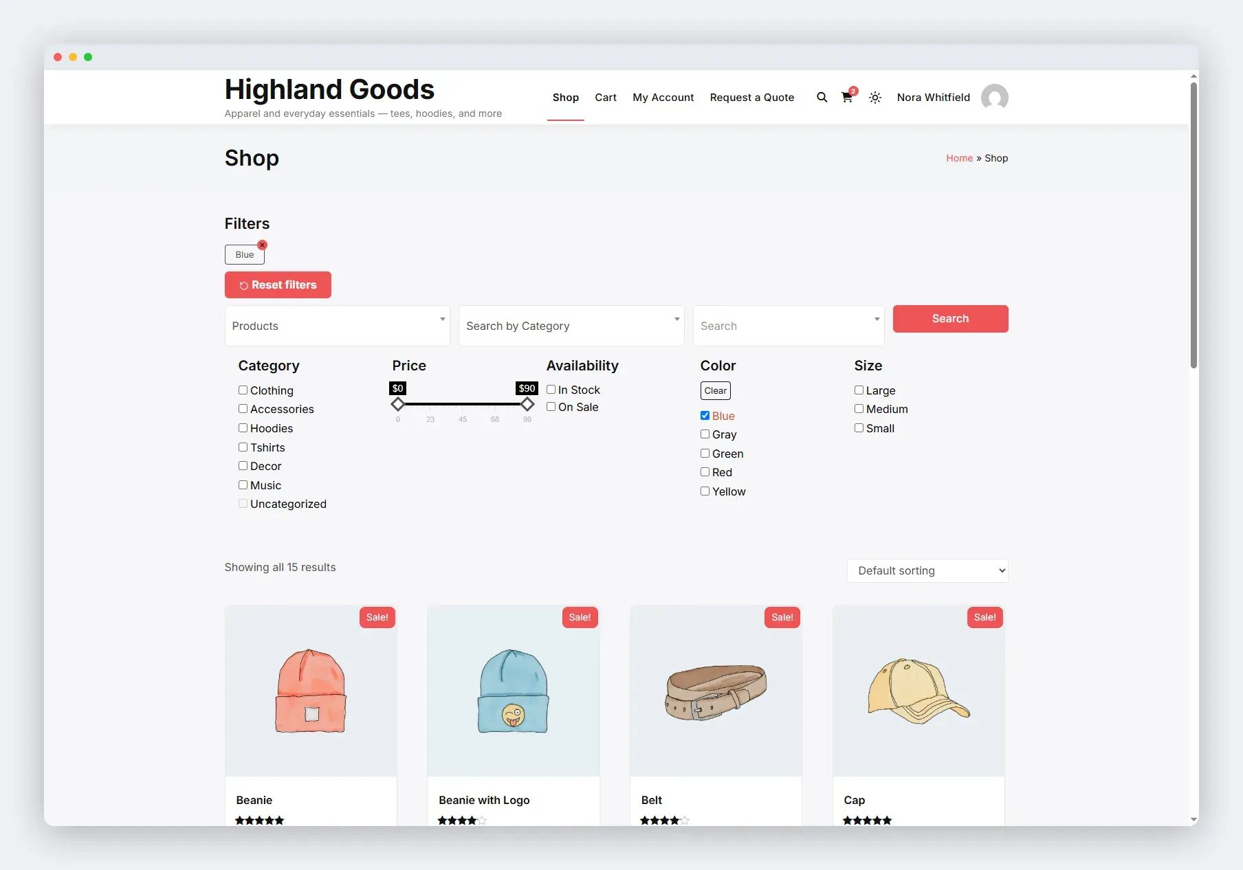 Filters render automatically on the shop page, with an active-filter chip above the panel