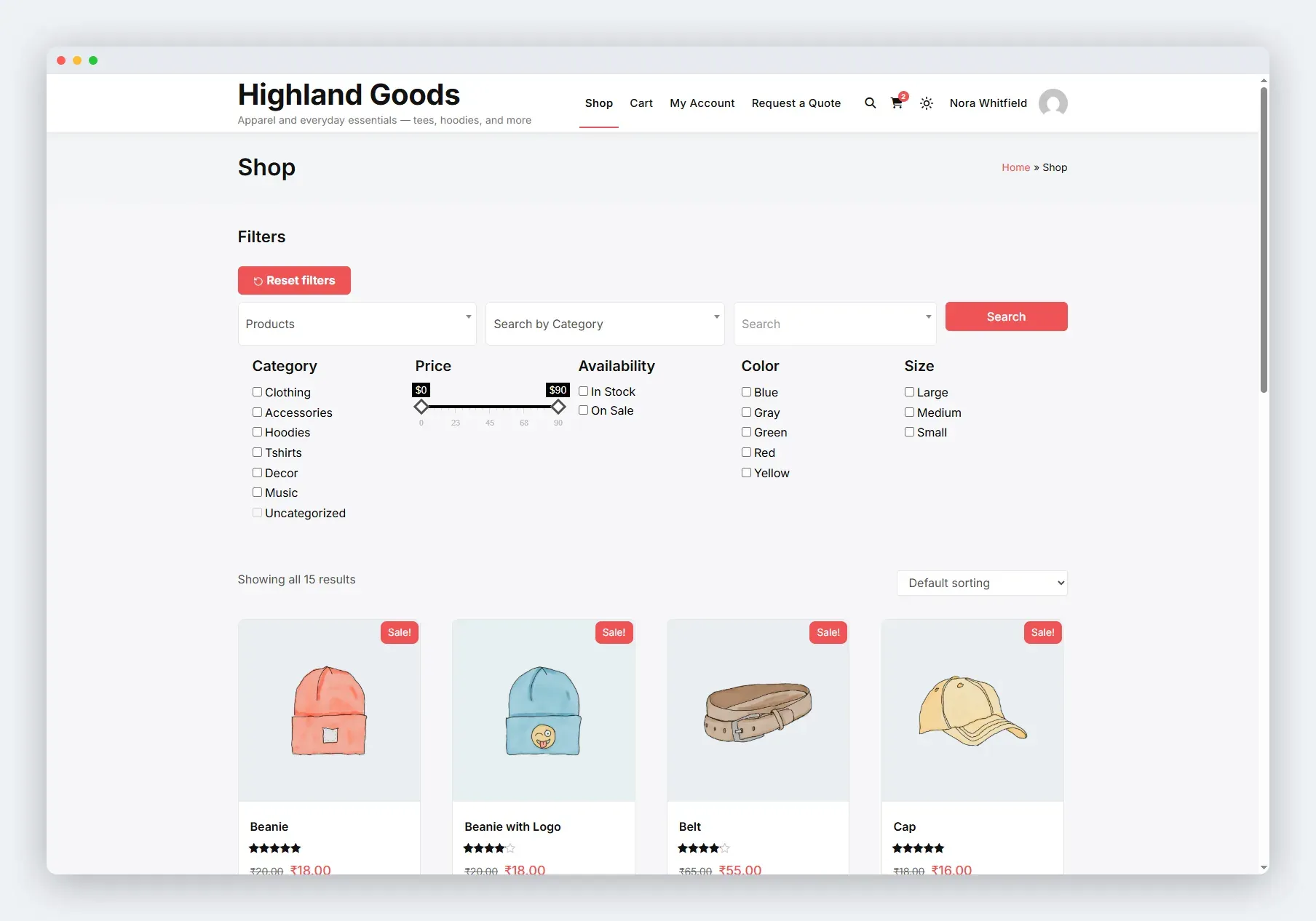 The shop page with the automatic filter block and search