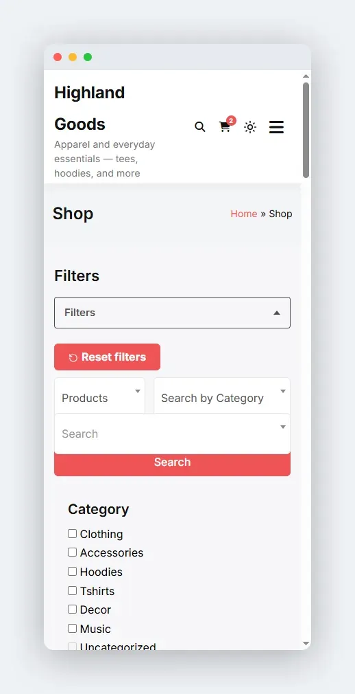 The drawer open shows every filter field