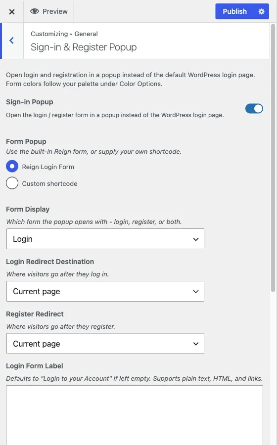 The Sign-in and Register Popup section