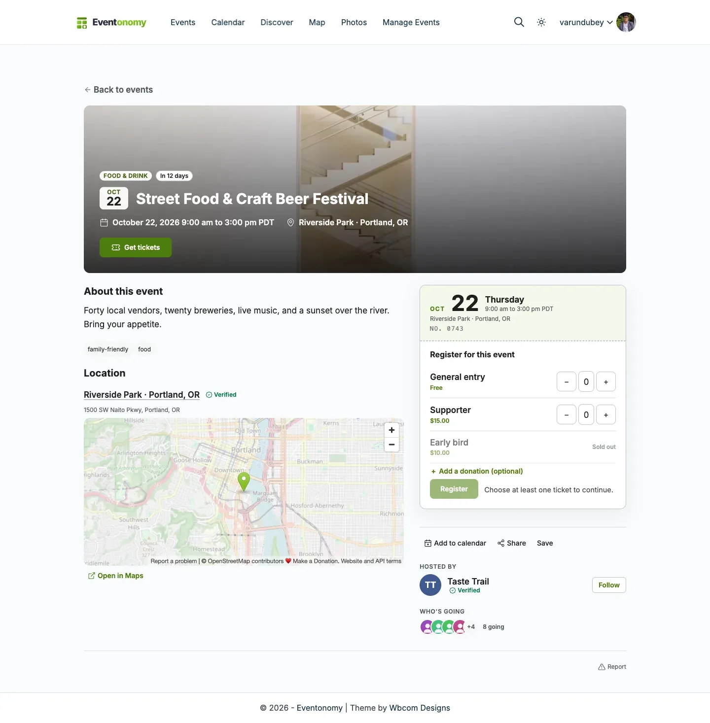 The Classic layout: a full-width cover with the title, date, place and Get tickets button, then the description and map on the left and the ticket, sharing and host on the right