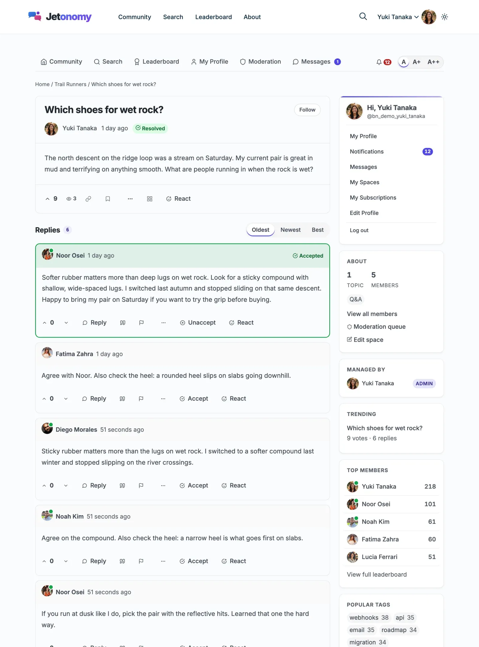 Single topic page with threaded replies and voting controls