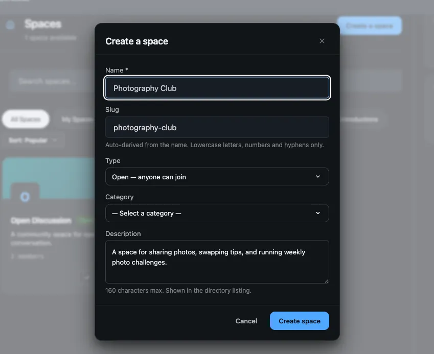 The Create a space form - name with an auto-derived slug, type, category and description fields
