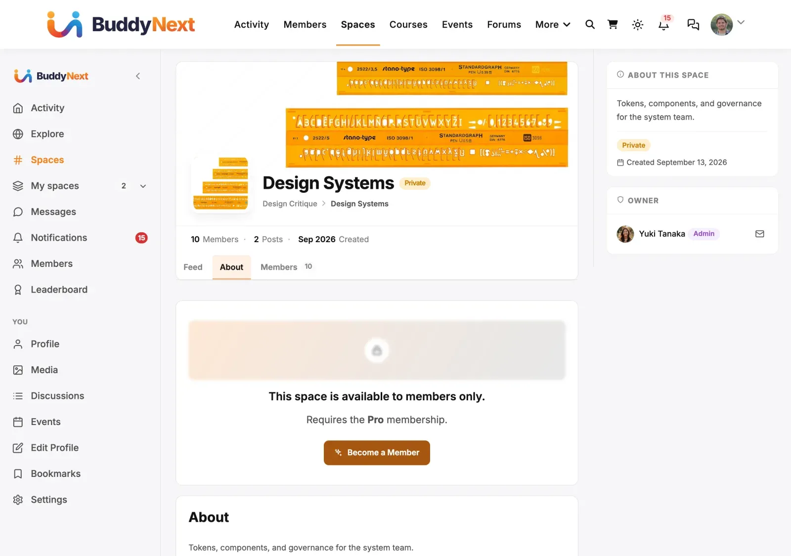 A gated space as a member without the plan sees it: the space header, then “This space is available to members only” with the plan it needs and a Become a Member button
