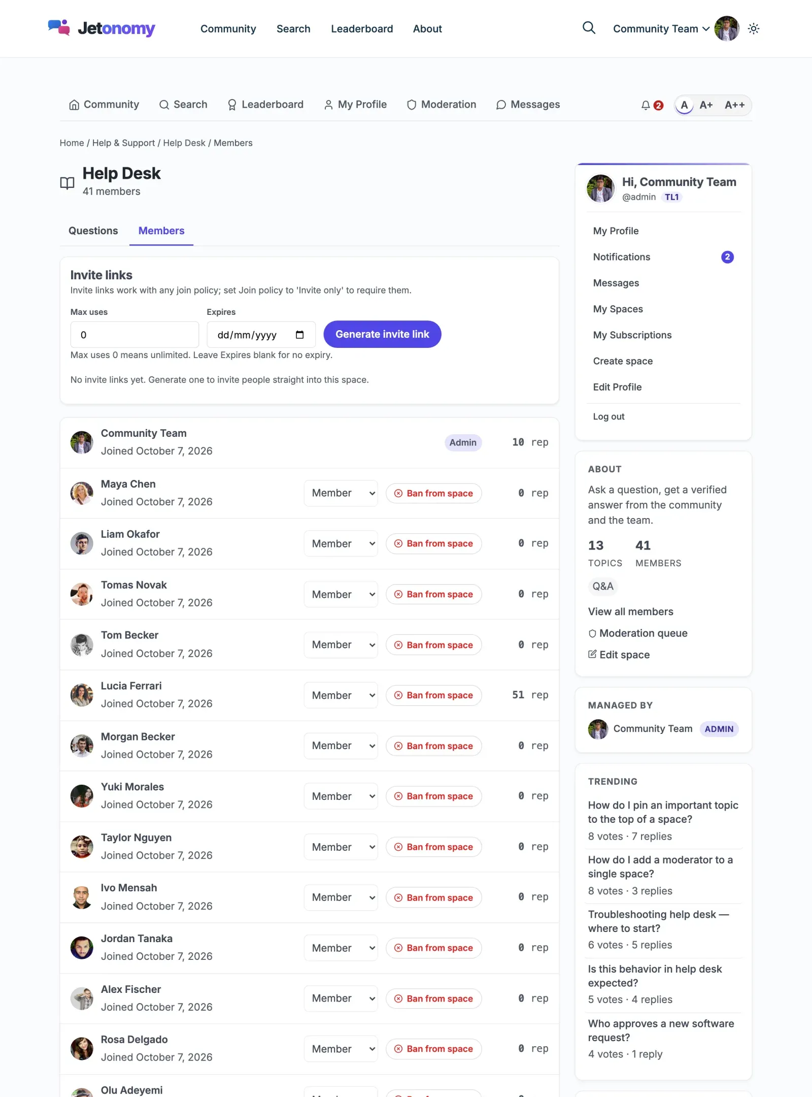 The Invite links panel on a space Members page, with Max uses and Expires fields and the Generate invite link button, above the member list
