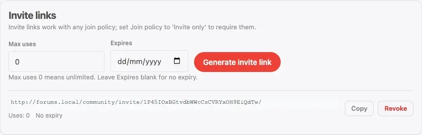 The Invite links panel on a space Members page