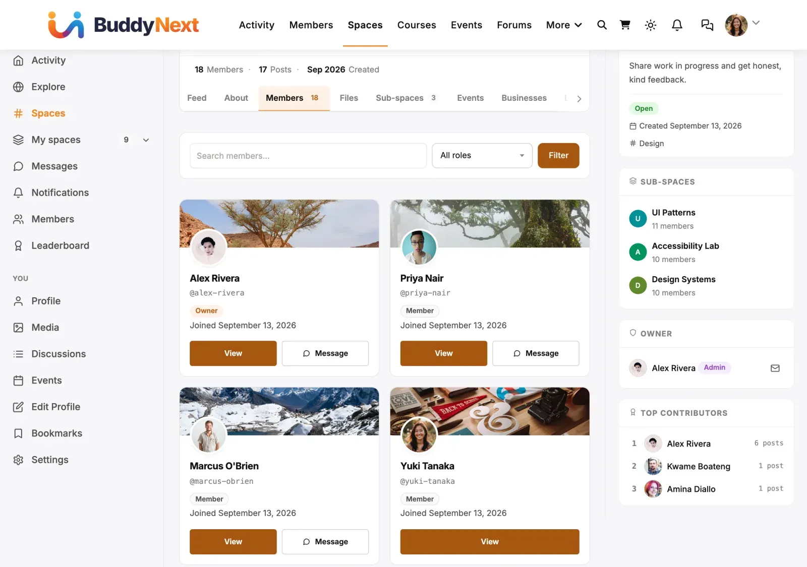 Members tab of a space listing its members with their roles