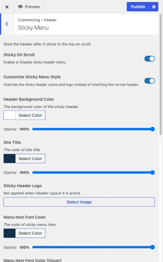 The Sticky Menu section, where the stuck-header colours are set