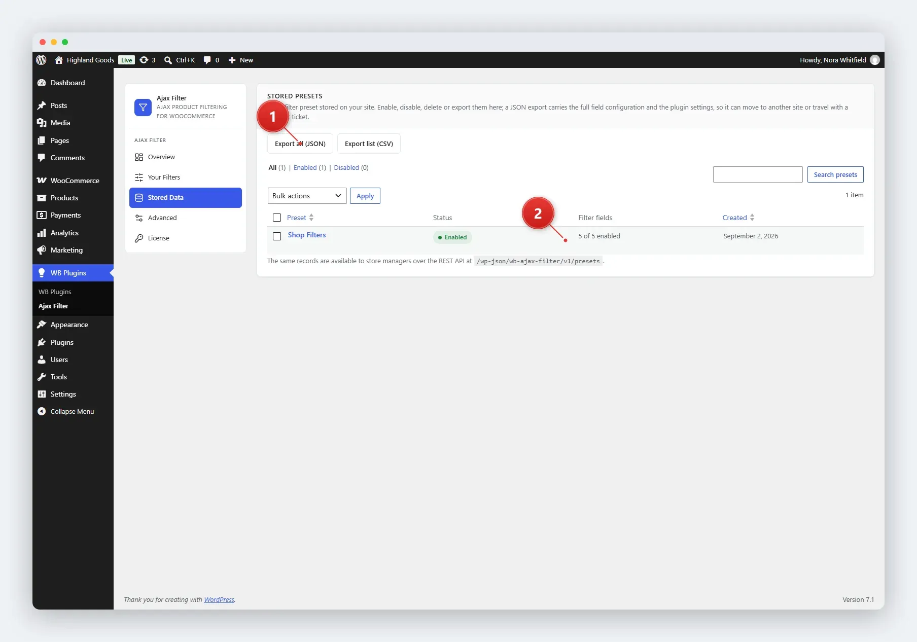 The Stored Data tab: preset table with export controls