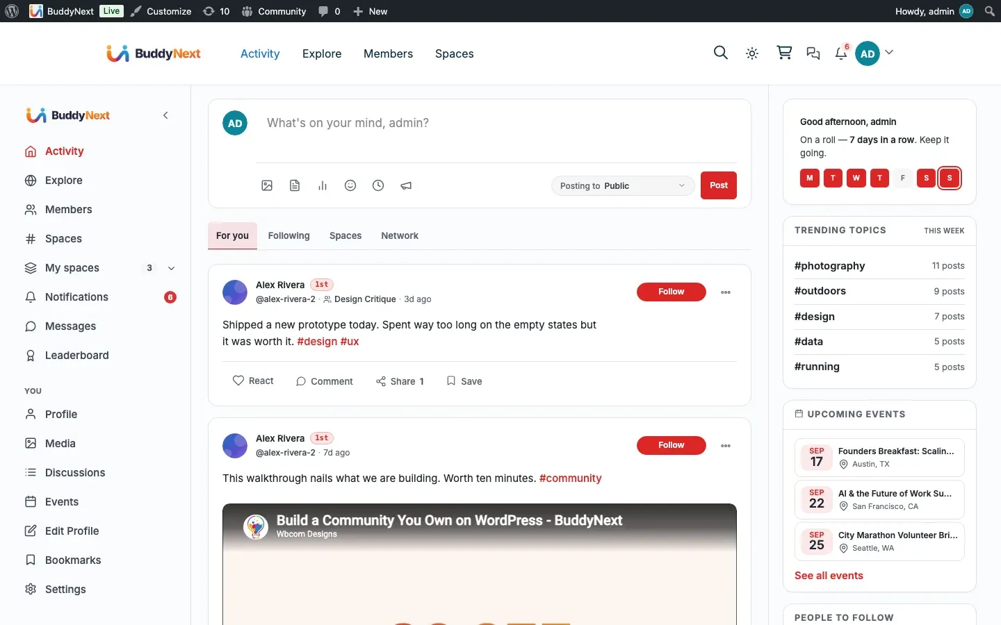 The BuddyNext activity feed running on the Reign theme