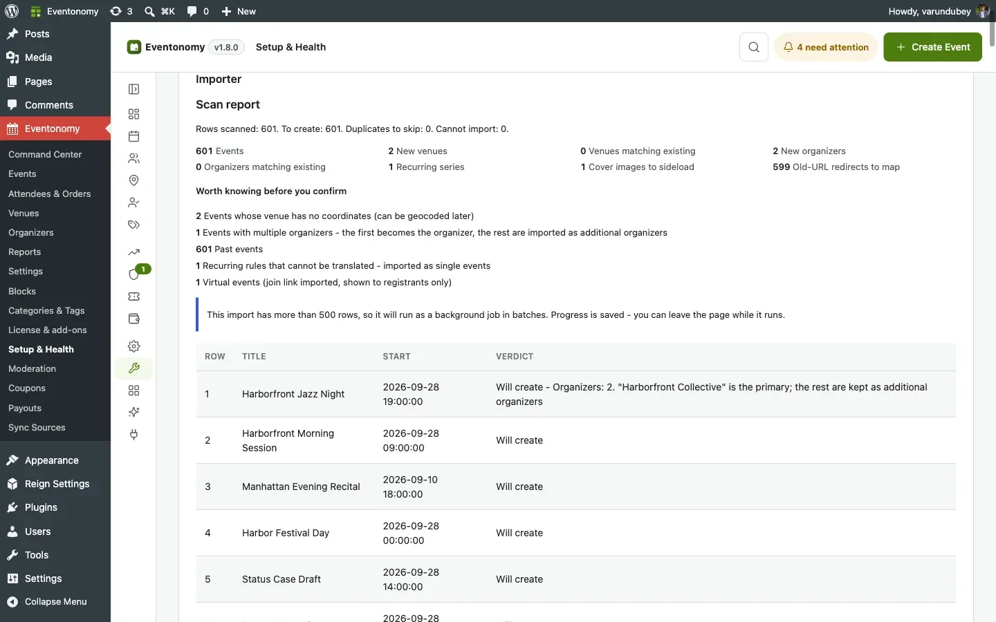 A scan report showing 3 rows to create, the venue/organizer/redirect counts, and per-row verdicts