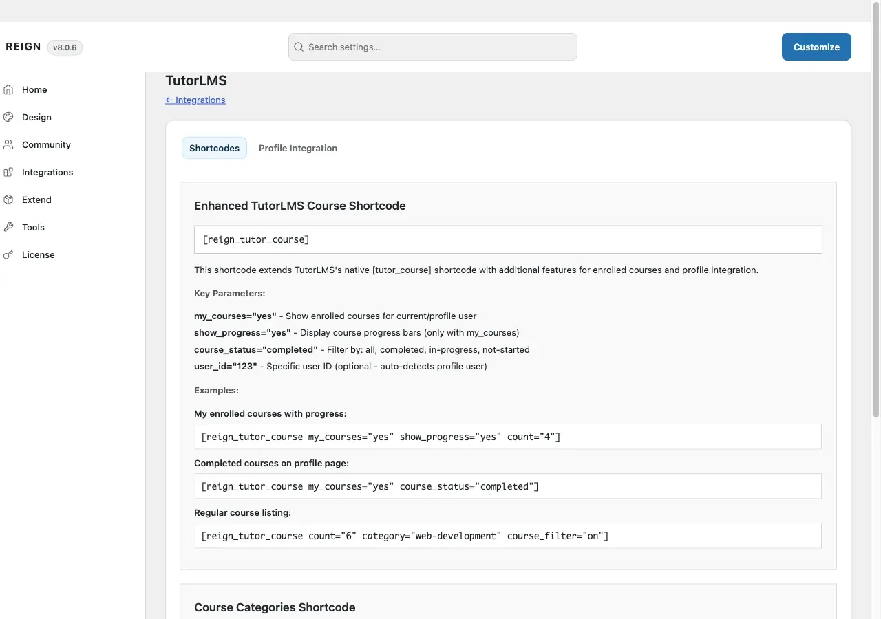 The TutorLMS tab in Reign Settings, with its Shortcodes and Profile Integration sub-tabs