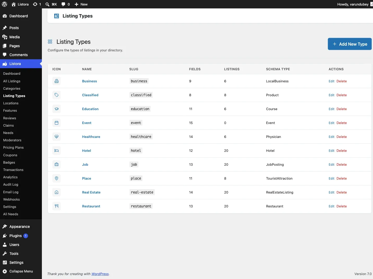 Listing Type Editor - list view with icon, name, slug, fields, schema columns