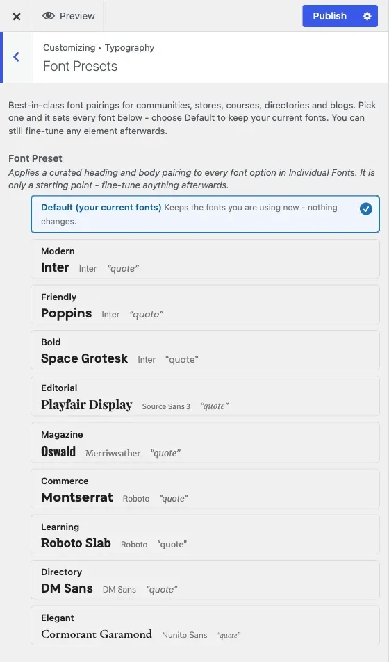 The Font Presets picker, each option previewing its real typefaces
