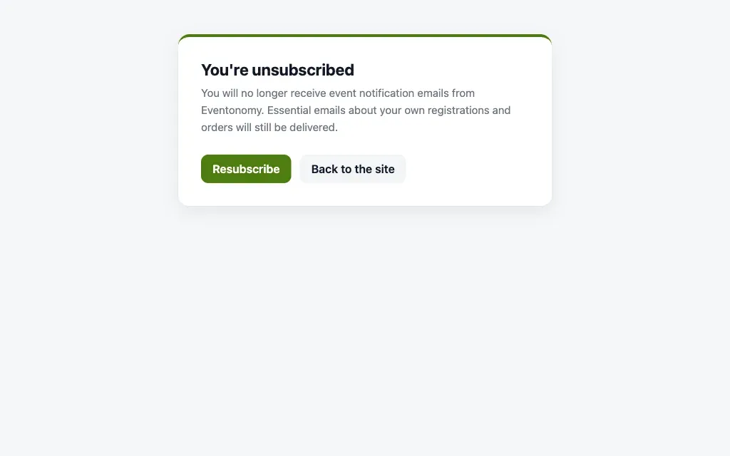 Unsubscribe confirmation page with the Resubscribe button