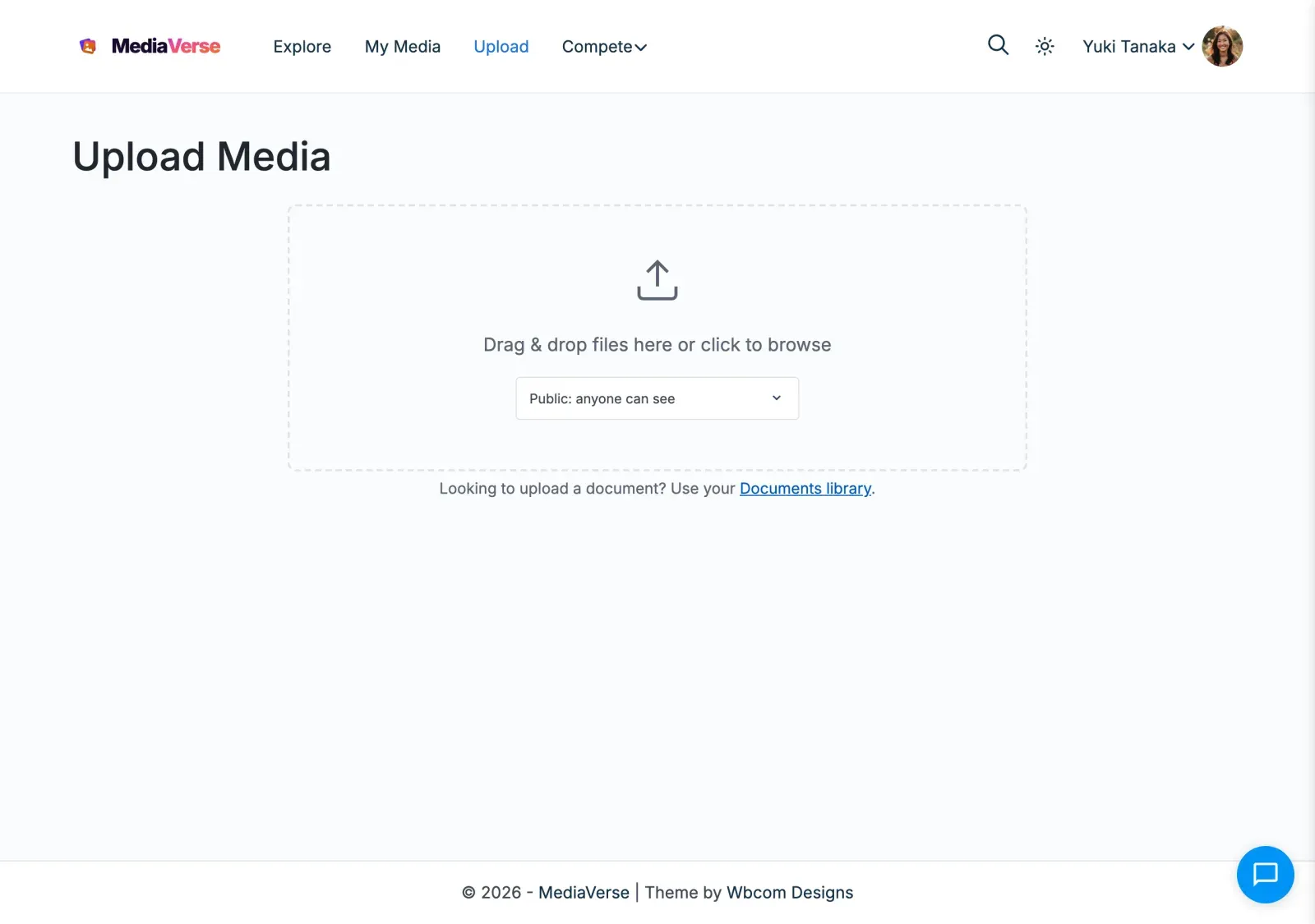 Upload Media page with the drag-and-drop area and the privacy selector