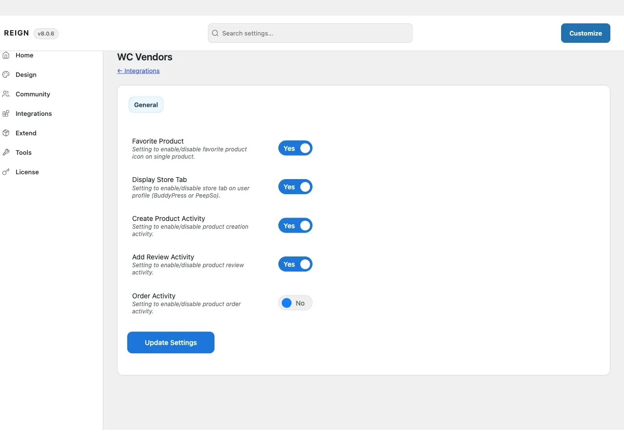 The WC Vendors tab in Reign Settings