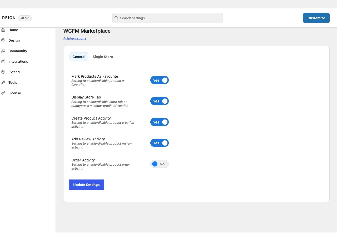 The WCFM Marketplace tab in Reign Settings, with its General and Single Store sub-tabs