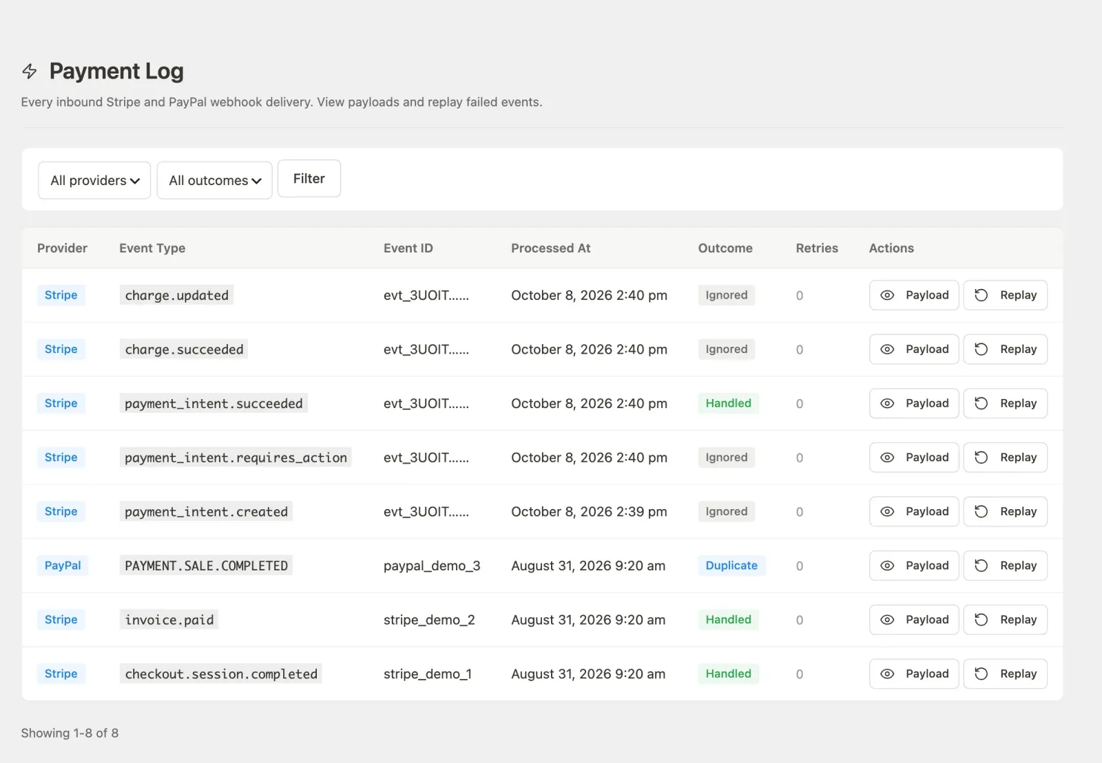Payment Log page