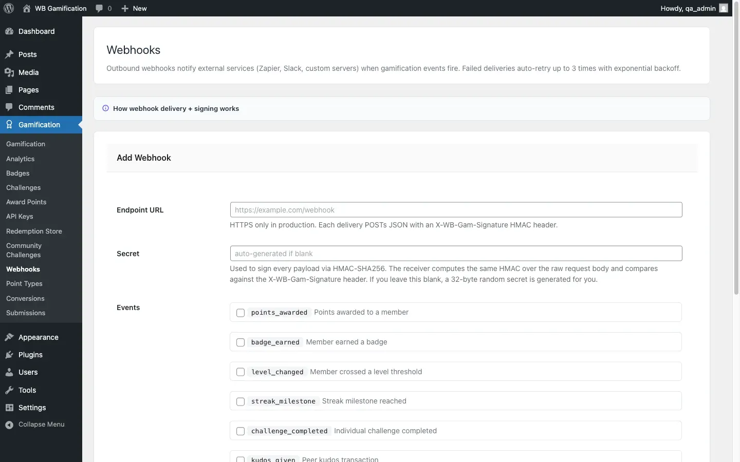 The Webhooks admin screen