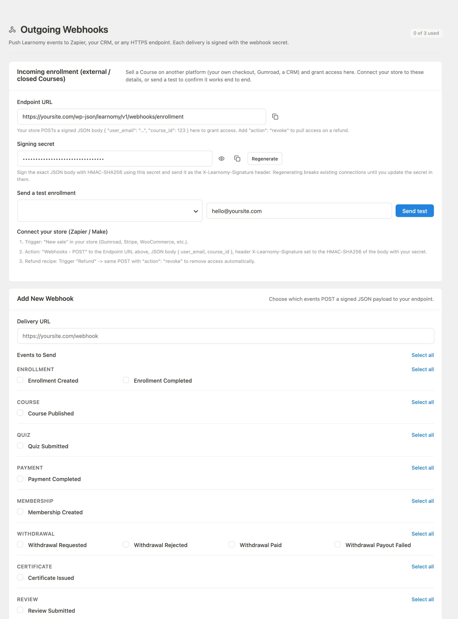 Webhooks page overview